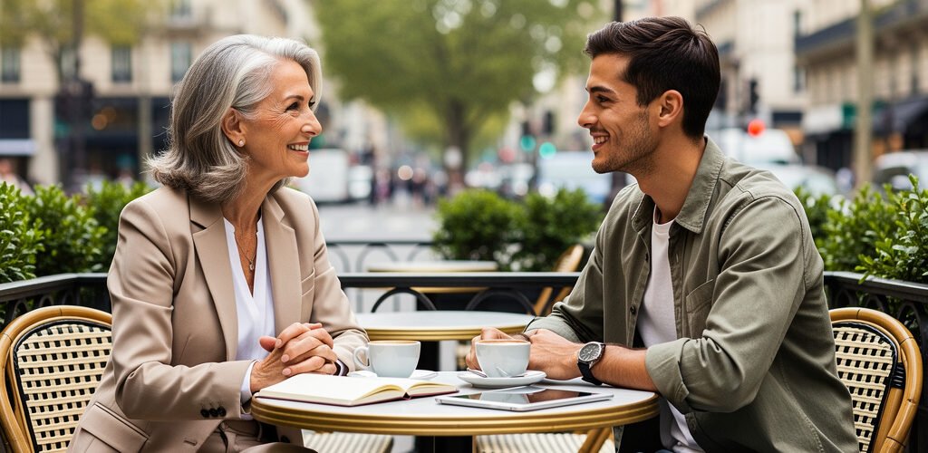hombre joven mujer mayor